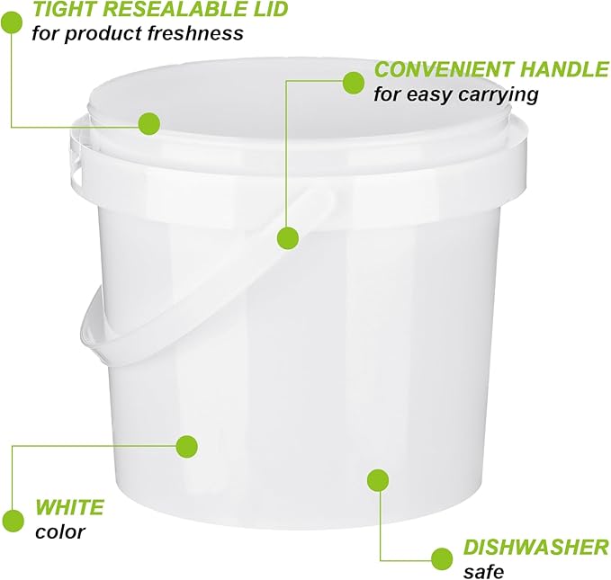 Gerrii 10 Pack White Plastic Bucket with Handle and Lid Food Storage Bucket Containers All Purpose Pail for Multipurpose Paint Water Art Crafts Projects Garage Organization (White,1.5 Quart)