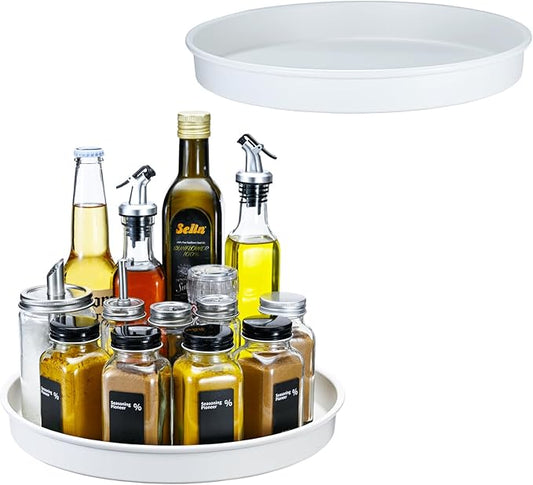 Amolliar Lazy Susan Turntable Organizer, White 10" 2 Pack, Non-Skid Metal Rotating Spice Rack for Kitchen, Fridge, Cabinet, Countertop, Vanity, Pantry Storage, Farmhouse Decor, Under Sink Organizer