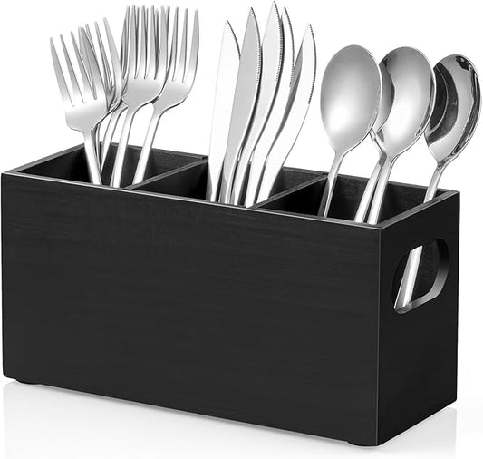 DRASTAR Silverware Holder, Wooden Utensil Caddy, Silverware Organizer Countertop, Cutlery Holder for Party, Fork Spoon Knife Organizer，Black