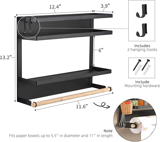 Magnetic Spice Rack for Refrigerator, Kitchen Organizers with Paper Towel Holder for Kitchen Storage, Magnetic Shelf for Fridge, Washer, Coffee maker and More Metal Surface (Black)