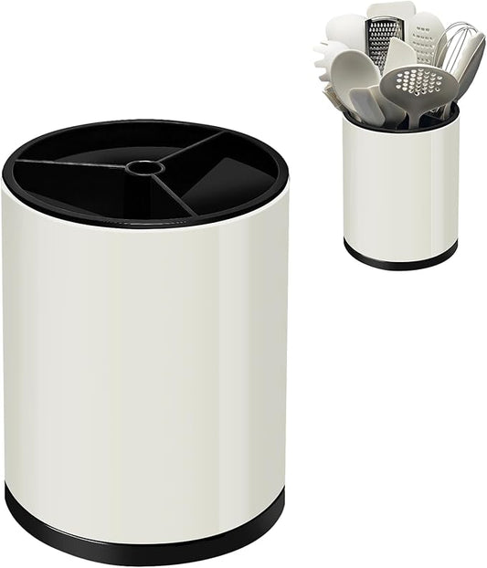 Stainless 360° Rotating Kitchen Utensil Holder,Large Counter Utensil Caddy, Cooking Spoon Stand Spatula Cutlery Metal Utensil Canister Tool Silverware Holder Rack For Countertop (Off-white)