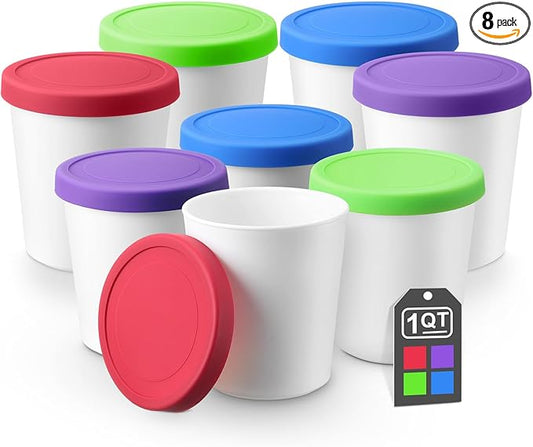 Uiifan 8 Pcs 1 Qt Ice Cream Containers for Homemade Ice Cream Reusable Ice Cream Storage Containers with Silicone Lids for Freezer, Freezer Containers Tubs for Ice Cream Sorbet and Gelato Storage