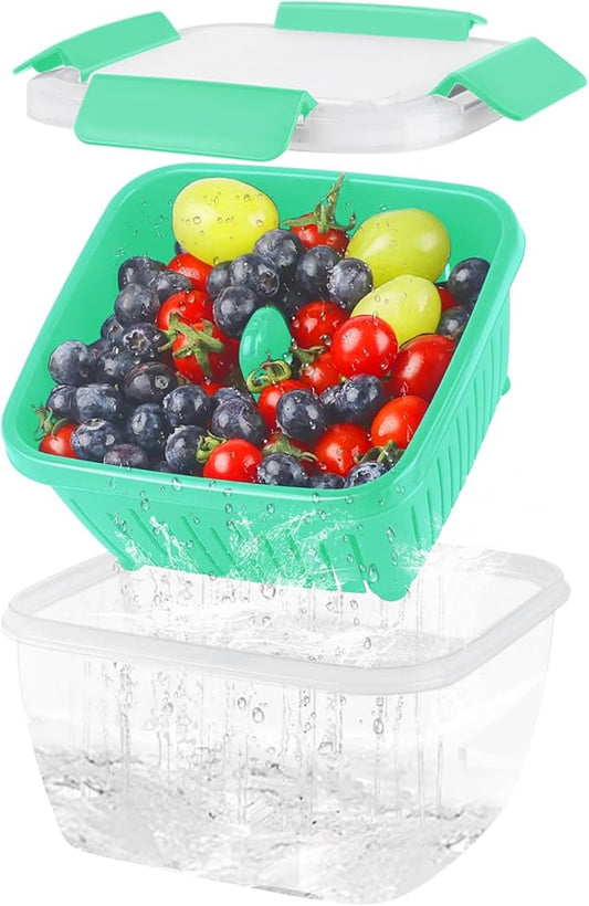 shopwithgreen 50oz Berry Keeper Fruit Storage Container for Fridge, Fresh Food Produce Saver Containers with Removable Drain Colanders and Lid, Vegetable Lettuce Keeper Bowl for Refrigerator Organizer
