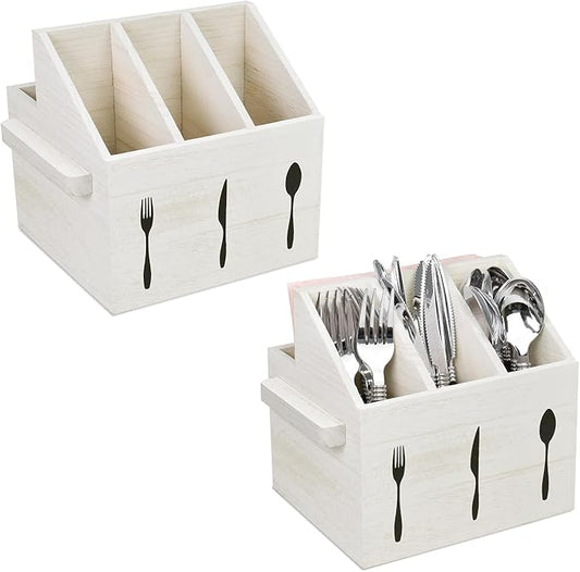 Ikee Design 2 Pcs Set Wooden Utensil Caddy with Handles, Silverware Caddy , Silverware Holder for Countertop ,Party ,Camping and Kitchen, Silverware Organizer, White Color