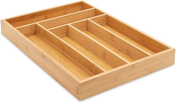 Juvale Bamboo Silverware Organizer for Drawer, Kitchen, 6 Slot Utensil Tray (17 x 11.75 x 1.75 In)