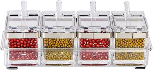 Seasoning Box Stainless 304 Steel Edge, Seasoning Rack Spice Pots, Storage Container Condiment Jars, 4 Piece Clear Acrylic Cruet with Cover and Spoon