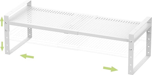 Expandable Stackable Aadjustable Spice Rack Pantry Shelf for Kitchen Cabinets Counter Shelves Countertop Cupboard Storage Solution,Sturdy Heavy-Duty Metal Construction(1Pack/White/Medium)