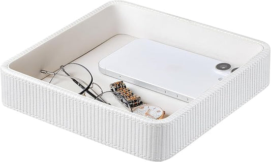 PU Leather Valet Tray Organizer, Small Nightstand Organizer Bedside Desktop Storage for Womens and Men, Perfume Trinket Catchall Vanity Tray for Key Watch Wallet (White, Square)
