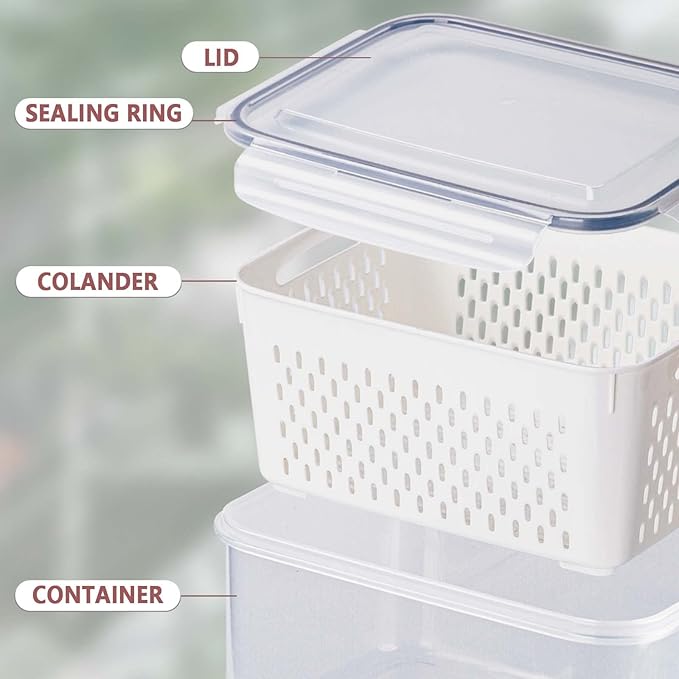 4 Pack Fresh Food Storage Containers, Large Capacity Produce Saver Box with Drain Baskets & Lid, Fridge Organizer, Airtight Fruit Organizer for Refrigerator, Stackable Plastic Fruit Veggie Saver