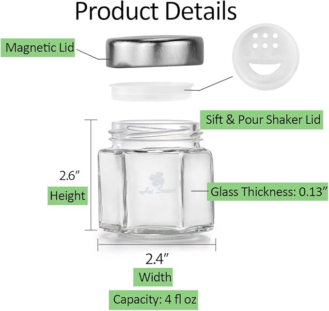 16-Pack Magnetic Hexagon Spice Jars with Upgraded Sealed Magnet Lids, Stainless Steel Wall-Plate, Inner Sifter Pour Insert, and 394 Labels - 4 oz Glass Jars for Kitchen, Pantry, RV (Patented Design)