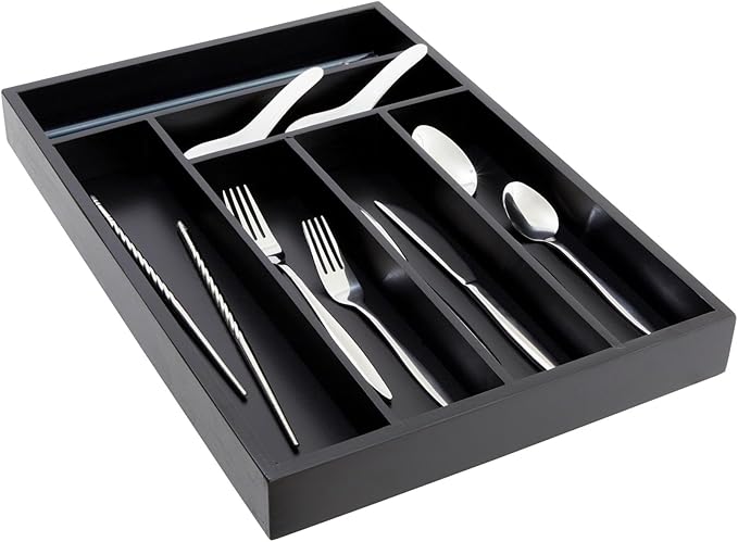 Juvale Bamboo Silverware Organizer for Drawer, Kitchen, 6 Slot Utensil Tray (Black, 17 x 11.75 x 1.75 In)