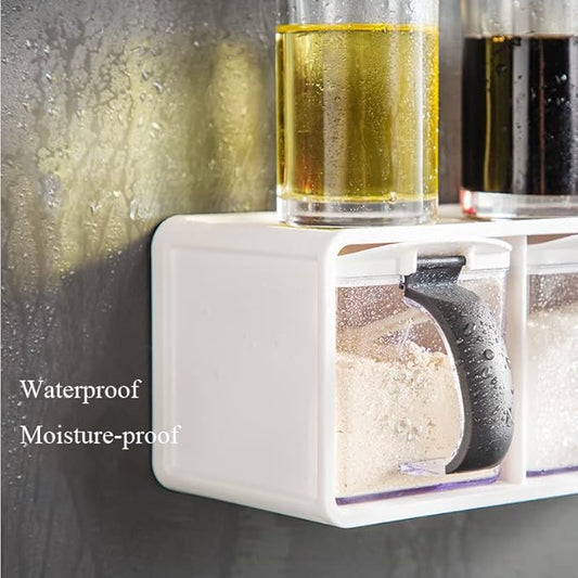 3-Grids Seasoning Box with Tray, Salt Container, Hanging Wall Spice Rack, Kitchen Spice Pot with Spoon, Salt Pepper Sugar Storage Container Jar Cruet for Counter, White