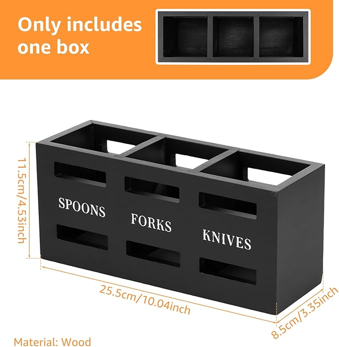 Silverware Caddy, Wood Utensil Caddy with 3 Compartments, Large Capacity Silverware Holder, Multipurpose Utensil Holder, Flatware Caddy, Stylish Cutlery Holder for Forks Spoons Cutters (Black)