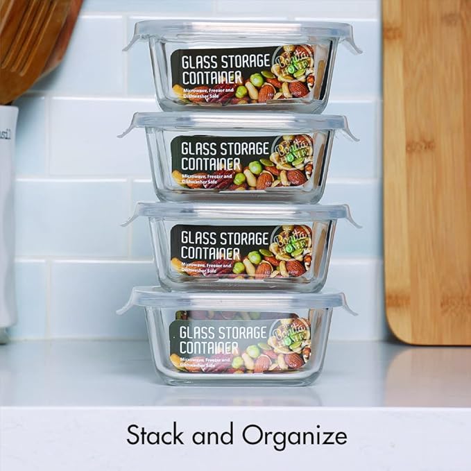 Square Glass Storage Container, Stackable BPA Free Airtight Seal Food Containers with Lids, Meal Prep Kitchen Organization and Storage, 5"x5" x 2.5", 17.6oz, 0.52L, White, 4 Pack