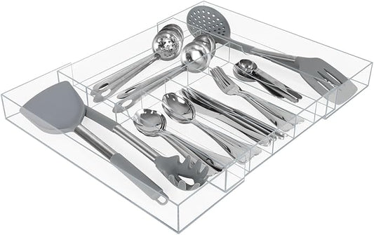 AIEVE Clear Acrylic Silverware Organizer, Expandable Kitchen Drawer Organizer for Utensils, Flatware, Cutlery with 9 Compartments