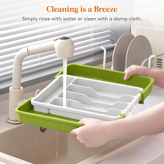 Lifewit Silverware Drawer Organizer, Expandable BPA Free Utensil Tray for Kitchen, Adjustable Flatware and Cutlery Holder for Spoons Forks Knives, Plastic Kitchen Organizers and Storage, Green&White