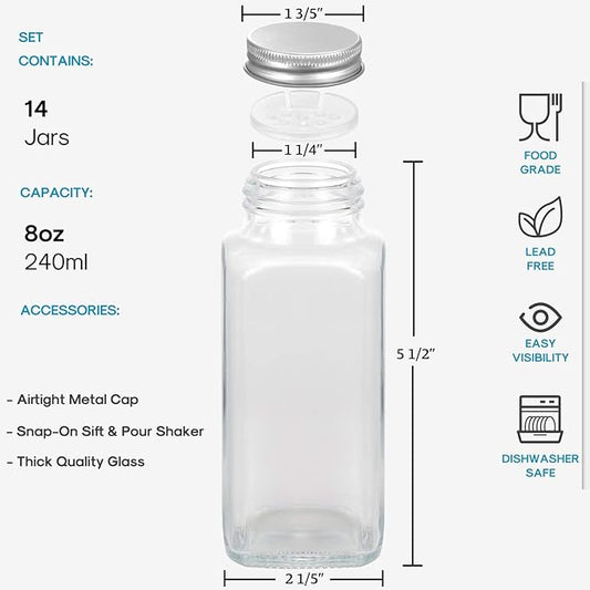 AOZITA 14 Pcs Glass Spice Jars with Spice Labels - 8oz Empty Square Spice Bottles - Shaker Lids and Airtight Metal Caps - Chalk Marker and Silicone Collapsible Funnel Included