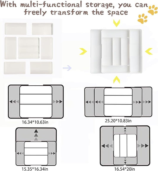 Utensil Organizer Silverware Drawer Organizer for Utensil Holder expandable in four directions W10.63∼20.08×D10.63∼20.08×H2 for Utensil Holder Makeup Desk Drawer Tool Organization (white)