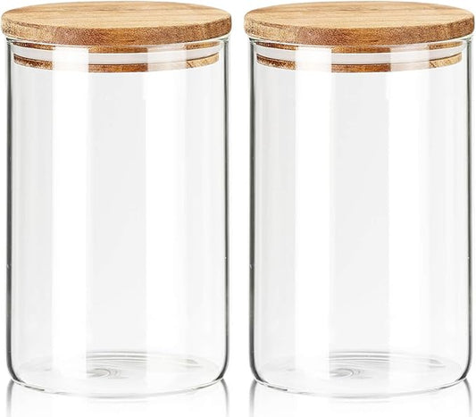 Labina Glass Storage Container Airtight Food Jars Kitchen Canister with Wood Lids, 32 Oz Wide Mouth Pantry Organization Glass Jar for Flour, Sugar, Cookie, Spagetti, Candy and Nuts (2 Pack)