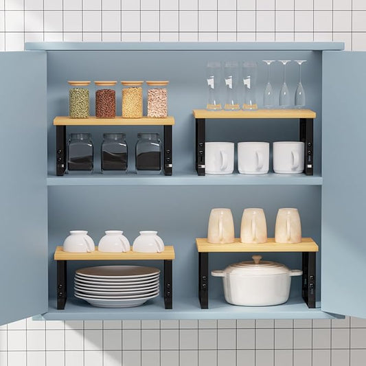 Cabinet Organizer Shelf, Spice Rack, Adjustable Height, Stackable and Nesting Shelves,Metal and Solid Wood, for Multiple scenarios in The Kitchen, Office or Closet (Black)