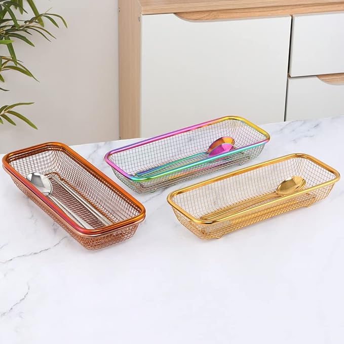 Kitchen Drawer Organizer, BuyGo Stainless Steel Storage Container Metal Cabinet Storage Basket for Holding Silverware Kitchen Utensil, Pack of 2, Rainbow