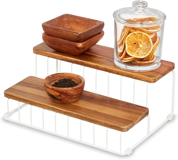iDesign The Ría Safford Collection Acacia Wood and Wire Two Organizer, 12" x 8.5" x 5", 2 Tier Spice Rack