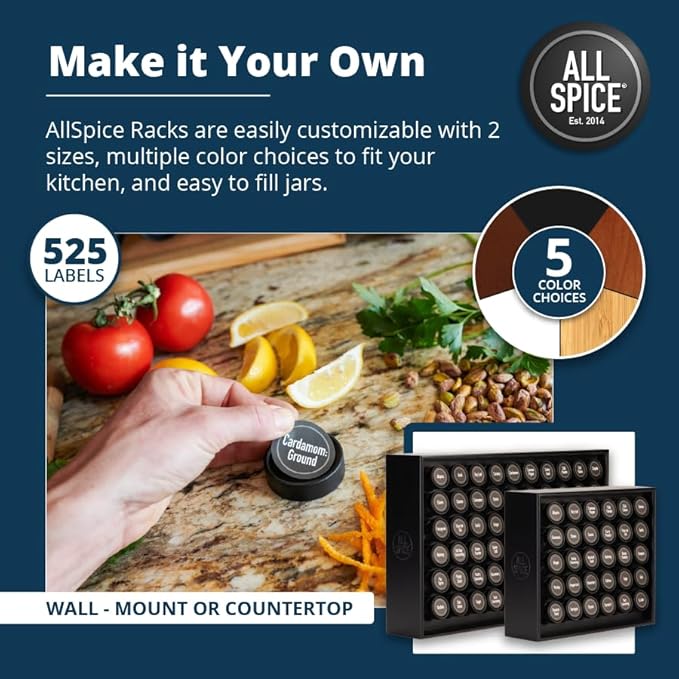 AllSpice Wood Spice Rack, 525 Unique Labels, Countertop or Wall Mount, Includes 30 4oz Jars- Matte Black