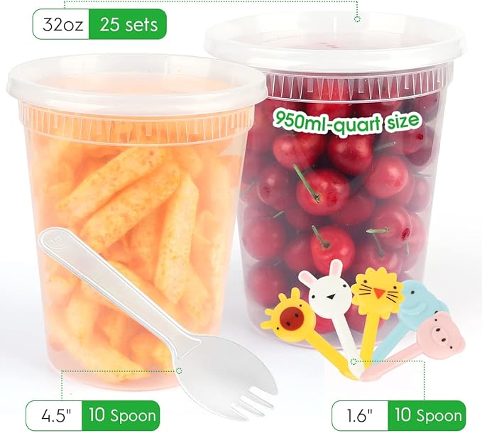 [25 Pack, 32oz] Food Storage Containers with Lids - BPA-Free | Airtight | Stackable Plastic Deli Containers (Includes 10 Spoons & 10 Forks), Dishwasher, Microwave & Freezer Safe