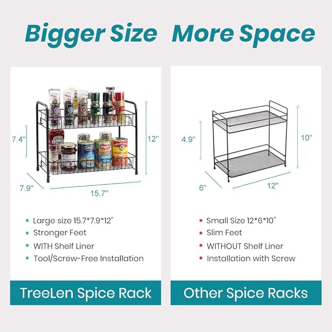 Spice Rack Organizer for Countertop 2 Tier Counter Shelf Standing Holder Storage for Kitchen Cabinet-Bronze