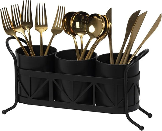 Kitchen Utensil Holder, Silverware Cutlery Organizer, Versatile Flatware Caddy Storage for Forks Spoons Knives, Perfect for Countertop Party Camping - Black Round