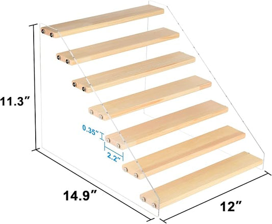 Homakover Tiered Spice Rack Acrylic Wood Board Organizer for Cabinet, Seasoning Shelf, Space Saving Clear Stand Step Can Kitchen Countertop Storage Organization, 7 Tier