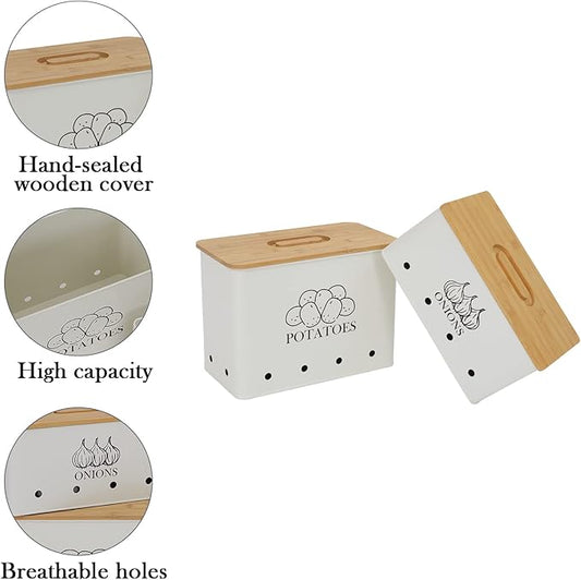 Potato Onion Kitchen Storage Canisters,Storage Bin For Kitchen 2 Pack Set,potatoe, Potato Storage Box，storage And Long Shelf Life With Aerating Tin Storage Holes-white
