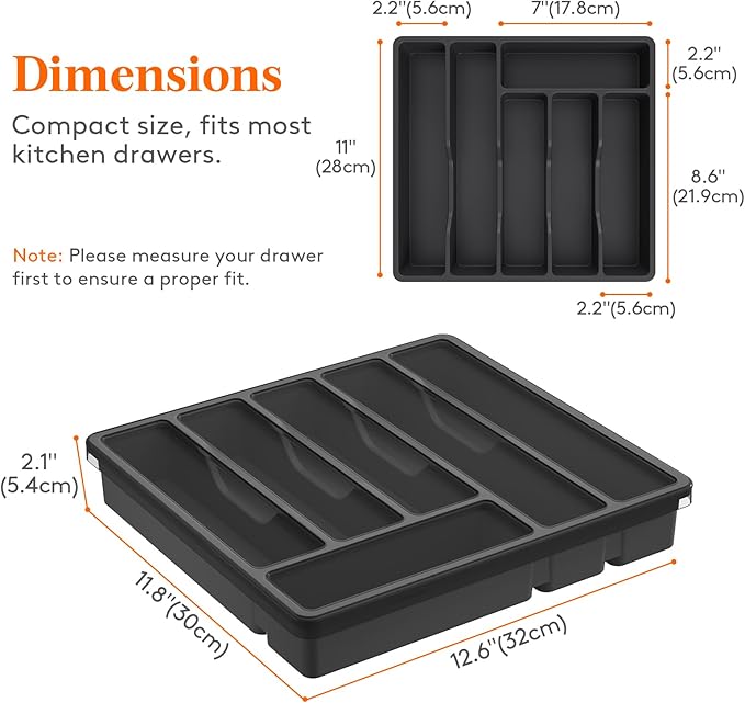 Lifewit Silverware Organizer with Lid, Covered Utensil Tray for Kitchen Drawer and Countertop, Plastic Cutlery and Flatware Storage Box for Spoons Forks Knives Holder, 6 Compartments, 2 Pack, Black