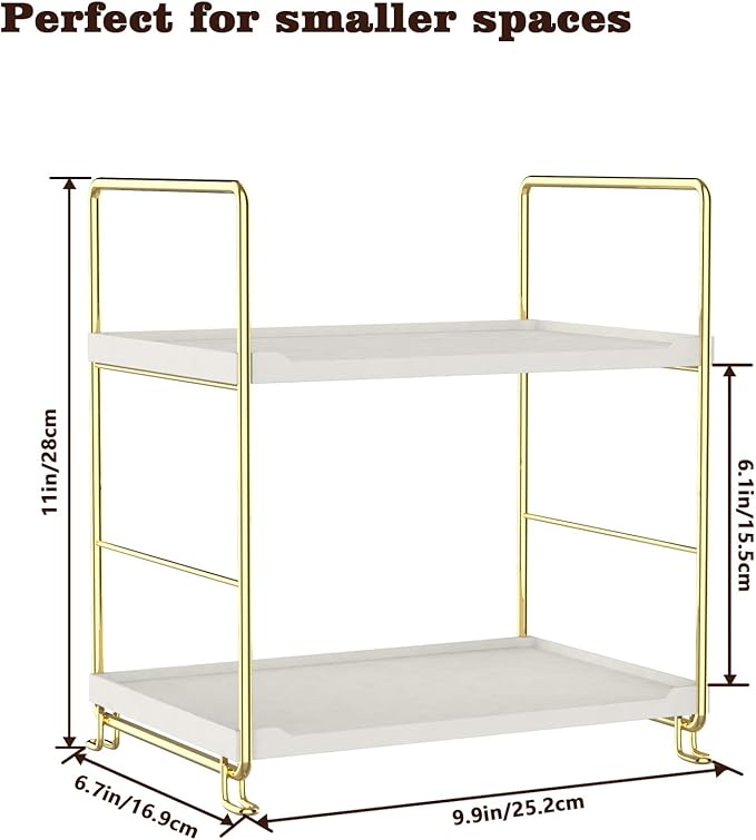 2-Tier Kitchen Spice Rack - Freestanding Stackable Bathroom Countertop Storage Shelf - Cosmetic Organizer Holder- Square Standing Rack (Golden)