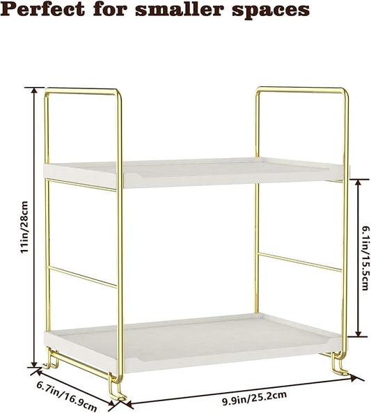 2-Tier Kitchen Spice Rack - Freestanding Stackable Bathroom Countertop Storage Shelf - Cosmetic Organizer Holder- Square Standing Rack (Golden)