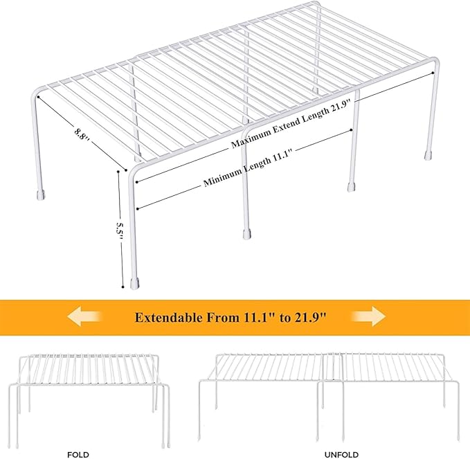 Orgneas Expandable Cabinet Shelf Organizer, Rustproof Metal Shelf Riser Kitchen Counter Storage Organizer Rack for Fridge, Cabinet, Pantry and Bathroom with Scratch Resistant Feet, 2 Sets