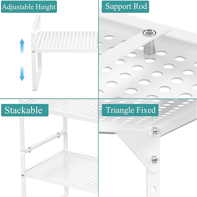 Expandable Kitchen Cabinet Shelf Organizers 2 Pack, Stackable Metal Pantry Storage Shelves Rack, Adjustable Counter Shelf for Cabinets, Countertop, Cupboard Organizers and Storage, White