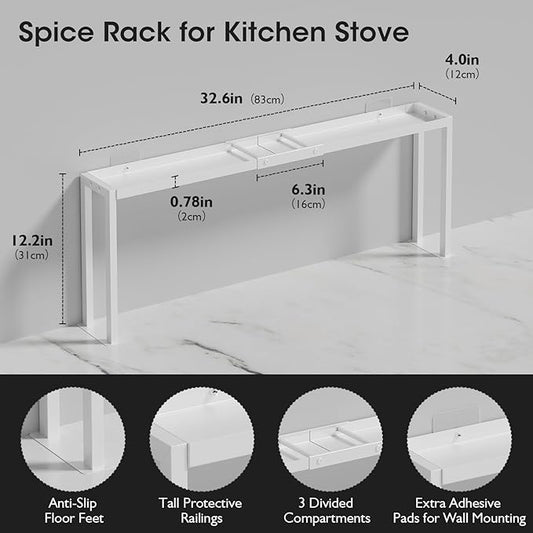 Bumusty Spice Rack Shelf for Kitchen Stove, 32" Stove Top Shelf, Stove Shelf for Back of Stove, Over the Stove Shelf, Kitchen Organizers, Oven Shelf for Top of Stove, White