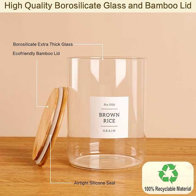 Large Glass Storage Jars With Airtight Bamboo Lid - 100 Fl Oz Thicken Kitchen Glass Food Storage Canister With 42 Pantry Labels - Big Clear Flour And Sugar Containers Farmhouse
