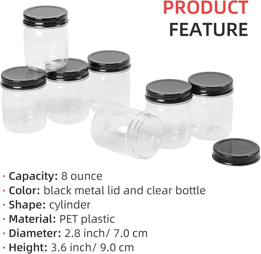 8 Ounce Clear Plastic Mason Jars With Screw On Lid, Reusable Empty Jars for Food Storage, Round BPA Free Containers for Sealing, Dry Food, Snacks, Candies, Breakage-proof, (Black - 16 Pack)