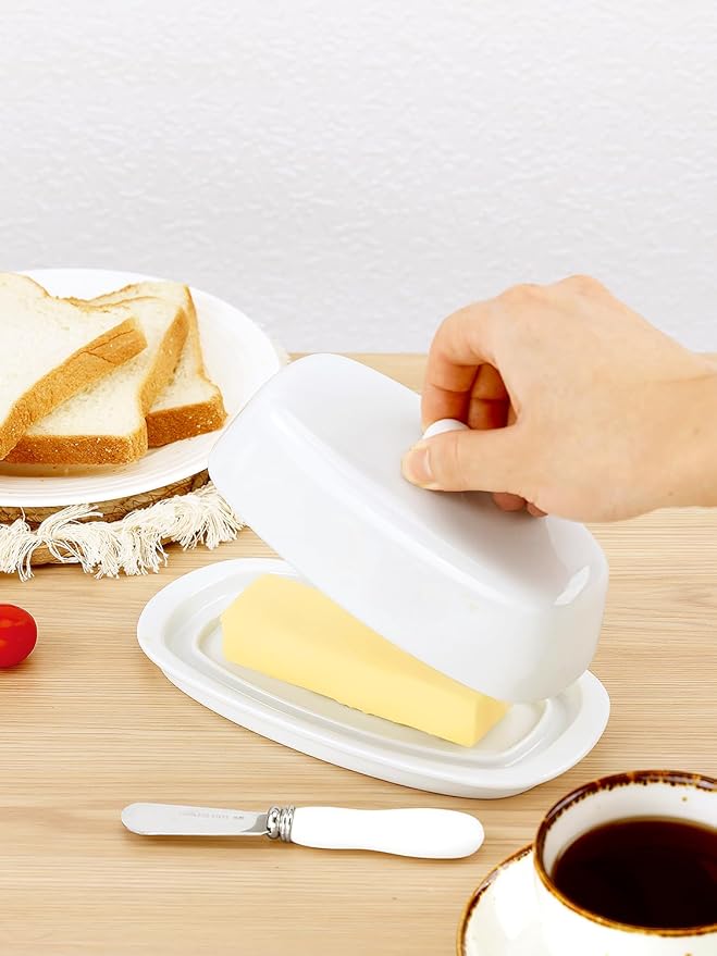Yedio Ceramic Butter Dish with Lid and Knife for Countertop Refrigerator, 8 Inch White Butter Holder with Porcelain Cover Knob Handle for East West Coast Butter Stick