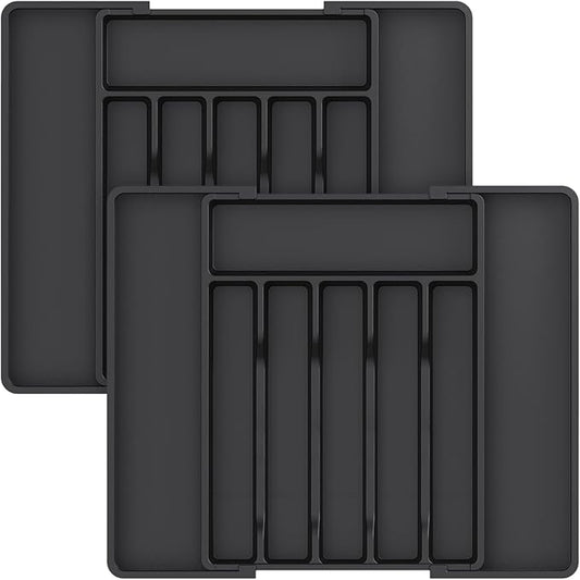 Lifewit Silverware Drawer Organizer, Expandable Utensil Tray for Kitchen, BPA Free Flatware and Cutlery Holder, Adjustable Plastic Storage for Spoons Forks Knives, 2 Pack, Black