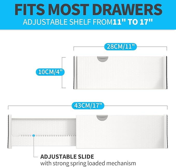 Drawer Dividers Organizer 6 Pack, Adjustable Separators 4" High Expandable from 11-17" for Bedroom, Bathroom, Closet, Clothing, Office, Kitchen (White, 6 PACK)