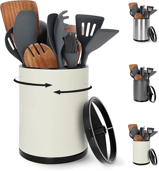 Extra Large Kitchen Utensil Holder - 360° Rotating Stainless Steel Cooking Utensil Holder for Countertop, 3 Compartment Flatware Organizer & Utensil Caddy with Removable Base（Cream）