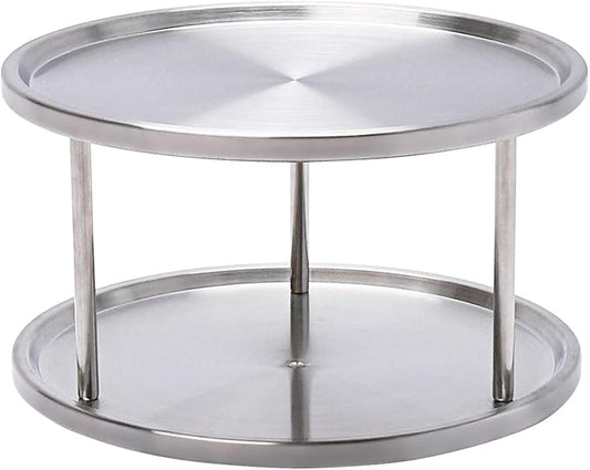 2 Tier Lazy Susan Turntable Organizer,Stainless Steel 360 Degree Turntable Pantry Cabinet Turning Table Spice Rack Organizer Tray for Kitchen Bathroom Bedroom Parlor