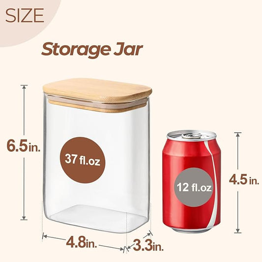 ComSaf 37oz Rectangle Glass Storage Containers with Lids, Glass Jars with Bamboo Lids, Clear Food Storage Jar, Sugar Coffee Containers, Pantry Container for Pasta Tea Candy Nut