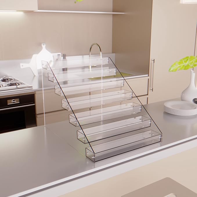 Tiered Spice Rack Acrylic, 7 Tier Clear Spice Rack Organizer for Cabinet, Vertical Spice Rack Shelf Durable Kitchen Seasoning Organizer for Countertop, Cabinet, Pantry, Kitchen Storage (7 Tier)