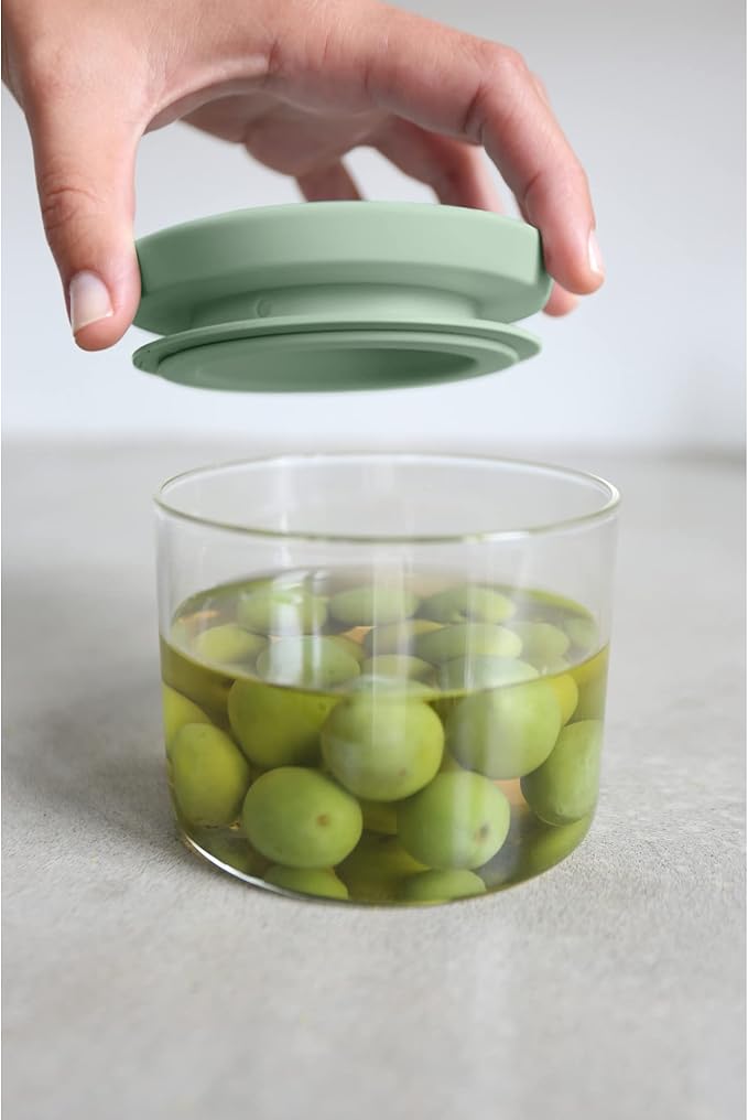 Brabantia 3pc Stackable Glass Food Jars (Mixed Colors) 0.08 + 0.16 + 0.3 Gal Heat-Safe, Dishwasher-Safe, Air-Tight Pantry Organizers