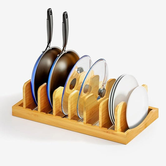Bamboo Pot Lid Organizer for Cabinet & Kitchen Counter, Pan Lid Organizer Inside Cabinet, Pot Lid Holder, Sheet Pan Rack, Adjustable Pot Cover Holder Rack for Countertop, Under Cabinet