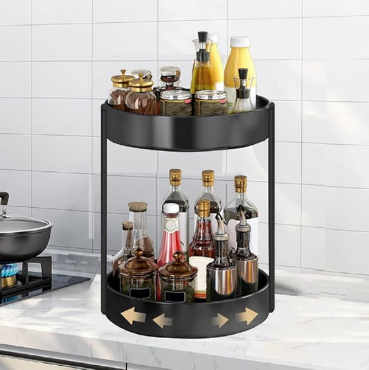 2T Large Plus Rotating Spice Rack Organizer Lazy Susan for Turntable Cabinet Kitchen 2 Tiered Spinning Storage Rack Shelf Black Metal